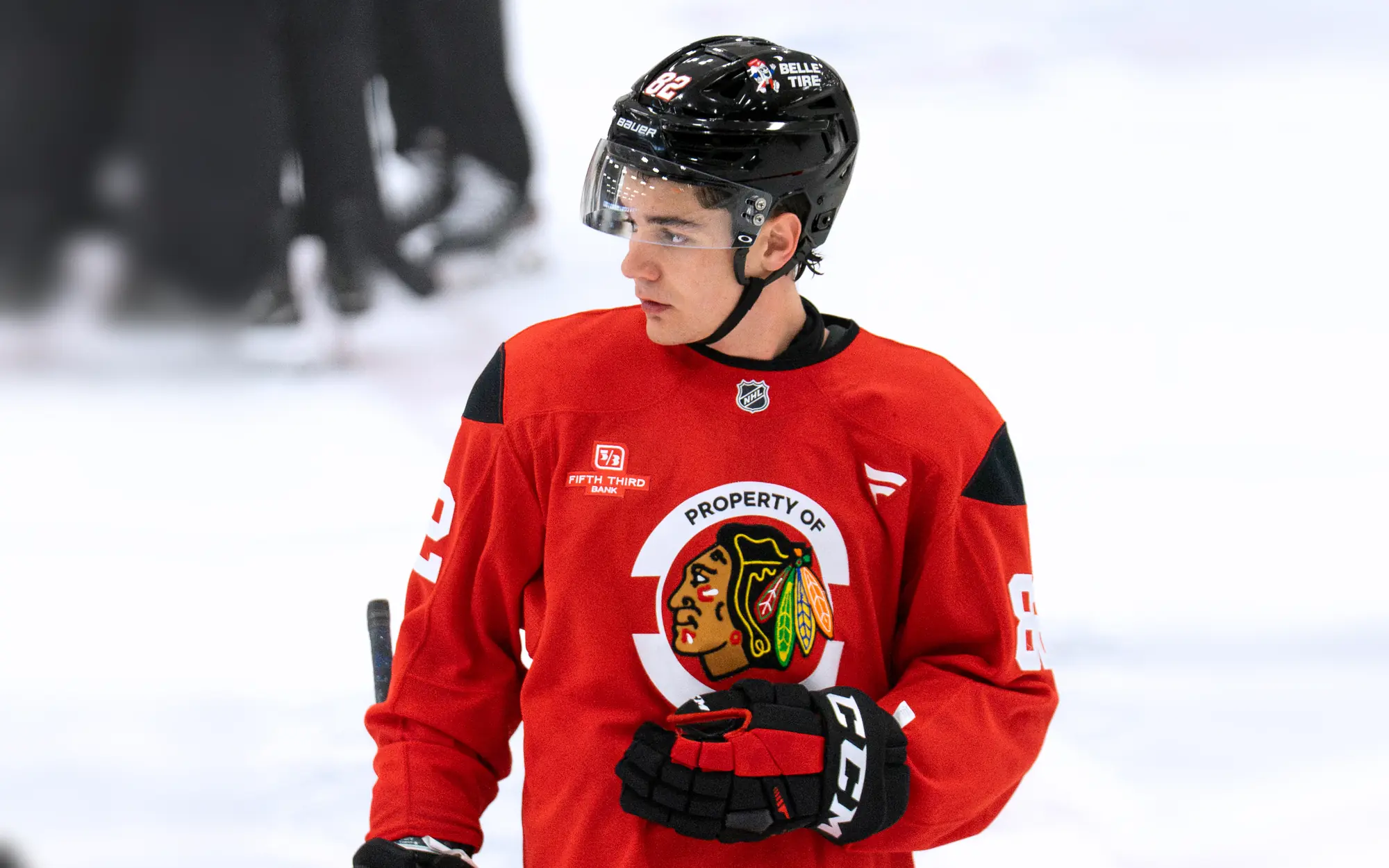 Rowan Henderson, ISM client, Sudbury Wolves forward in a Chicago Blackhawks practice jersey