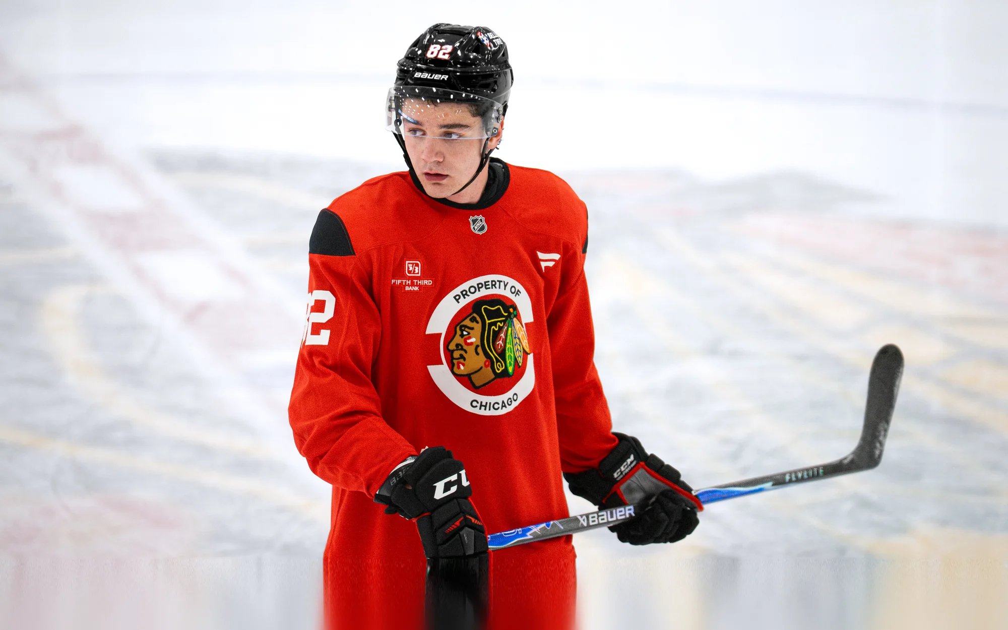 Rowan Henderson, ISM client, Sudbury Wolves forward in a Chicago Blackhawks practice jersey