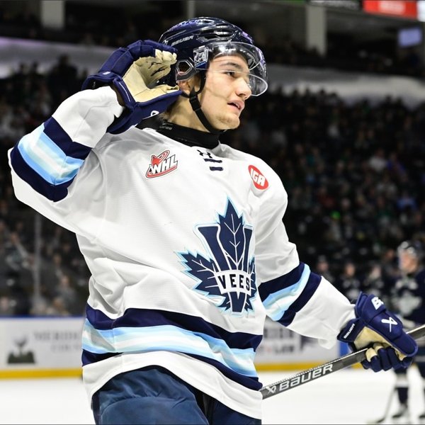 Diego Johnson celebrating a goal in a Penticton Vees jersey during the 2025-26 WHL season