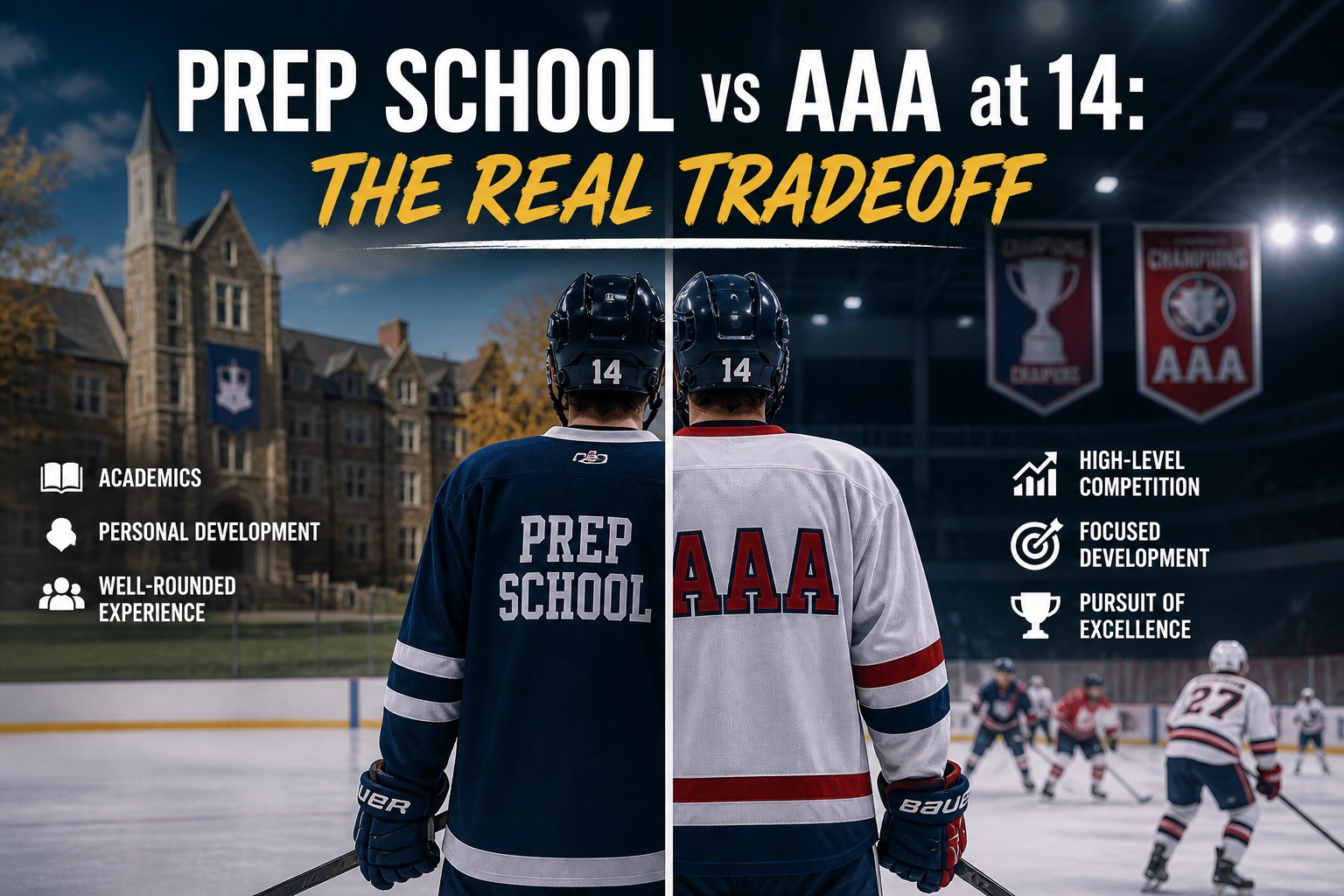 Prep School vs AAA at 14: a young hockey player split between a U.S. prep boarding school campus and a AAA arena game