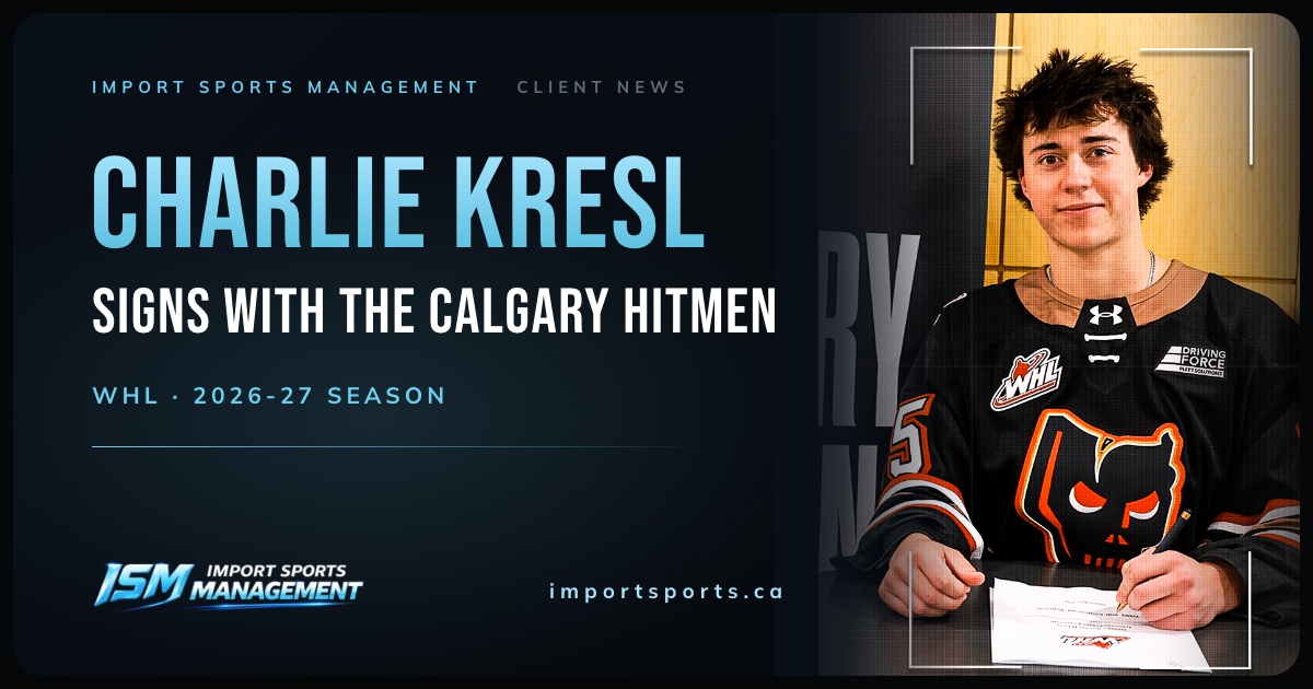 Charlie Kresl signs with the Calgary Hitmen of the WHL for the 2026-27 season, announced by Import Sports Management